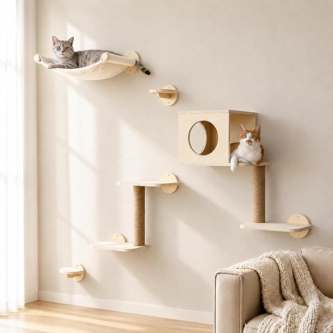 FUKUMARU Cat Wall Shelves, 5 in 1 Set, Beige | Stable Wooden Wall-Mounted Furniture Set, Kitty Climber with Hammock, House, Steps, Scratching Post by FUKUMARU