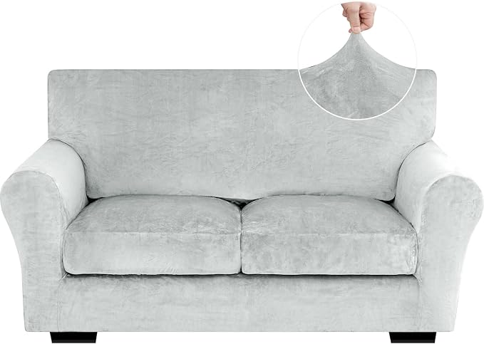 XINEAGE 3-Piece Velvet Loveseat Sofa Cover,Couch Covers for Dog,Silver Gray | 2 Cushion Loveseat,Stretch Non-slip Elastic, Pet-friendly, Washable, Fast Setup, Soft Plush Fabric, Furniture Protector. by XINEAGE