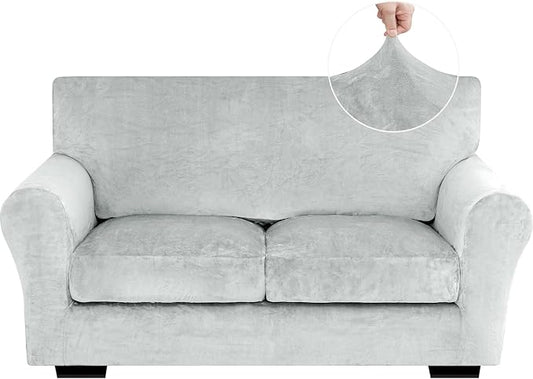 XINEAGE 3-Piece Velvet Loveseat Sofa Cover,Couch Covers for Dog,Silver Gray | 2 Cushion Loveseat,Stretch Non-slip Elastic, Pet-friendly, Washable, Fast Setup, Soft Plush Fabric, Furniture Protector. by XINEAGE