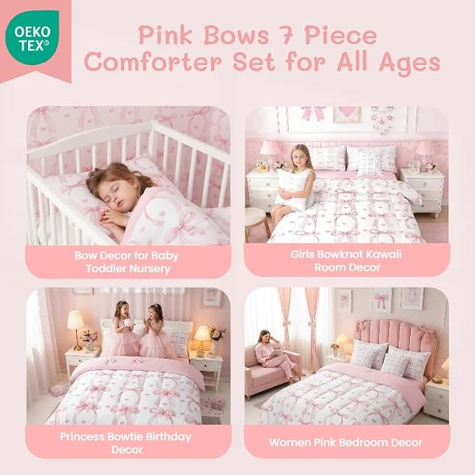 Erosebridal 7 Piece Ribbon Pink Bow Queen Comforter Set for Girls Bowknot Love Heart Bedding Set for Kids Teens Room Decor Coquette Bedding Pink Bows Quilt Bows Bowtie Sheets with Comforter - Image 4