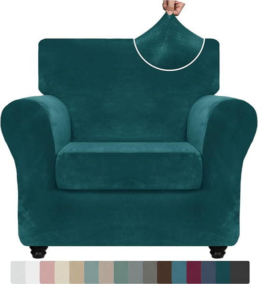 ZNSAYOTX Luxury Velvet Chair Slipcovers with Arms 2 Piece Stretch Chair Covers for Living Room Soft Armchair Slipcover Anti Slip Dog Pet Friendly Furniture Protector (Deep Teal),30"-47"(1 Cushion) by ZNSAYOTX