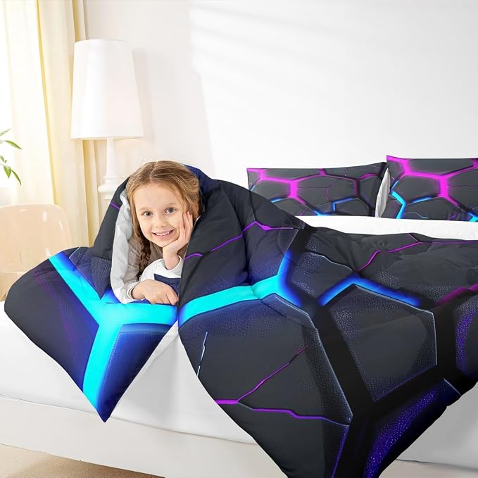 Geometric Honeycomb Comforter Set Queen Size,Abstract Hexagon Modern Artwork Bedding Set for Boys Girls Men Room Decor,Neon Blue Purple Patchwork Down Comforter,Fashion Duvet Insert,2 Pillowcases - Image 3