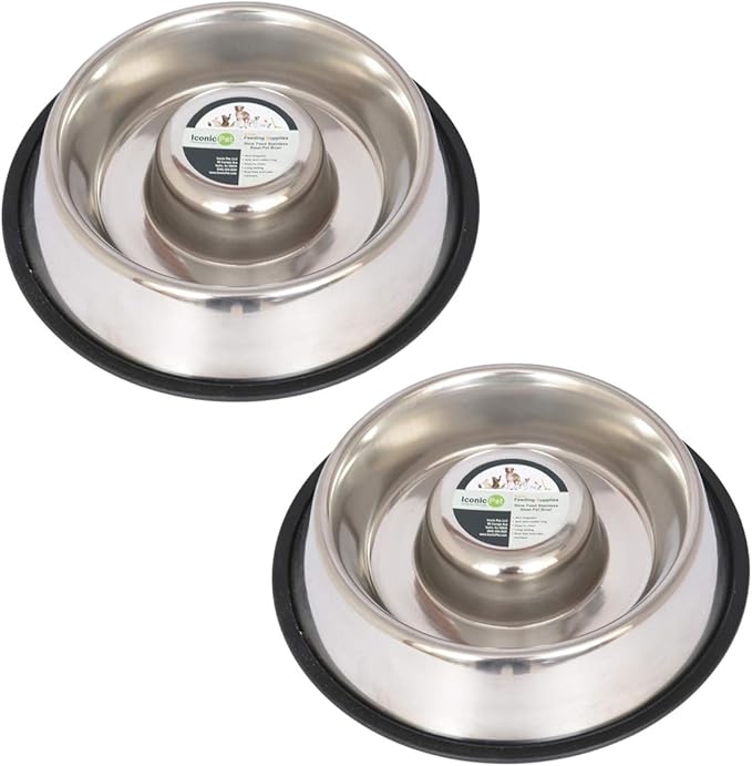Iconic Pet Set of 2 Stainless Steel Non-Skid Slow Feed Bowls for Large Dogs (48 oz) - Ideal for Food and Water, Durable Design with Raised Center by IconicPet