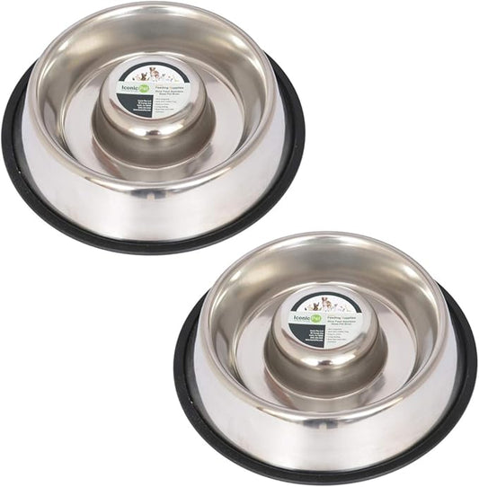 Iconic Pet Set of 2 Stainless Steel Non-Skid Slow Feed Bowls for Large Dogs (48 oz) - Ideal for Food and Water, Durable Design with Raised Center by IconicPet