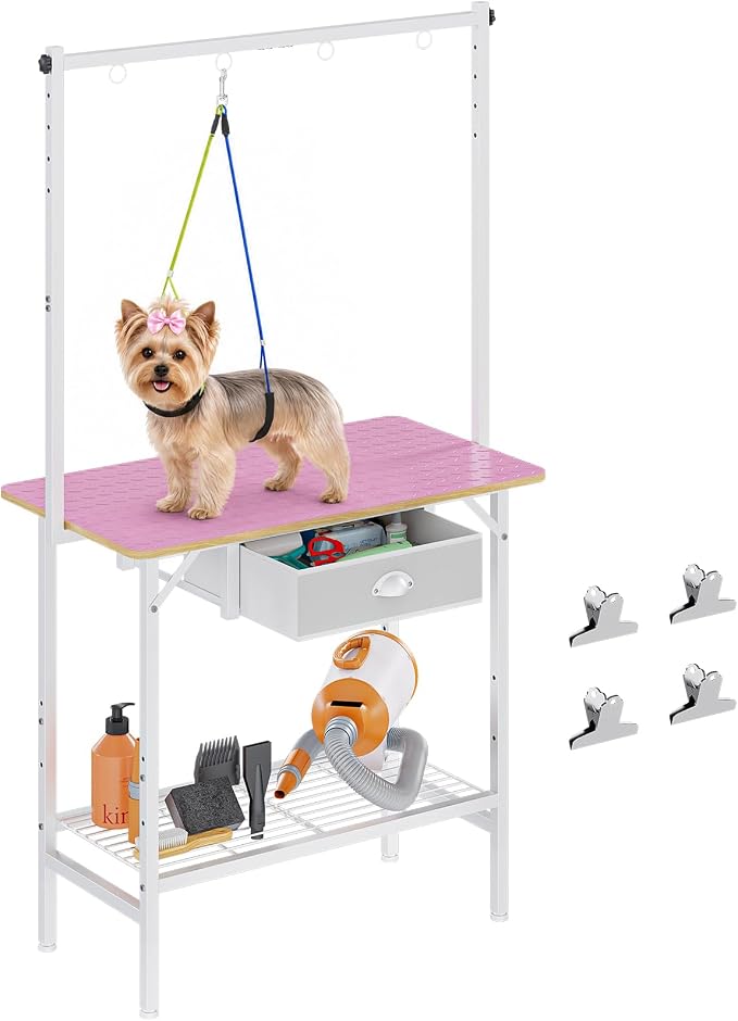 32-Inch Adjustable Dog Grooming Table with Drawer & Mesh Tray, Pet Grooming Table with Non-Slip Removable Washable Mat & EVA Protective Lanyard, Professional Grooming Table for Small Dog at Home（Pink by Cutogxon