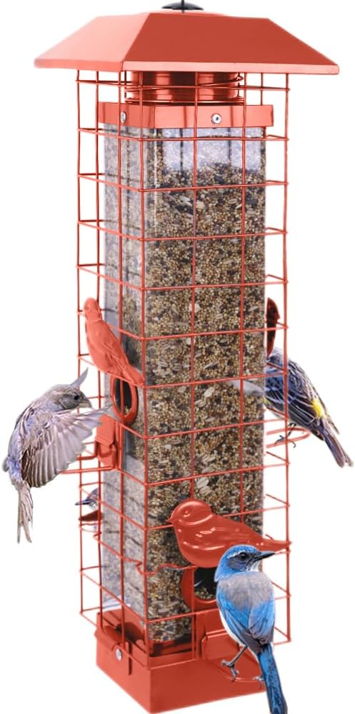 Squirrel Proof Bird Feeders for Outdoors, Metal Wild Bird Feeder for Outside Hanging, 4 Ports Perches, 3LB Large Capacity (Tangerine)