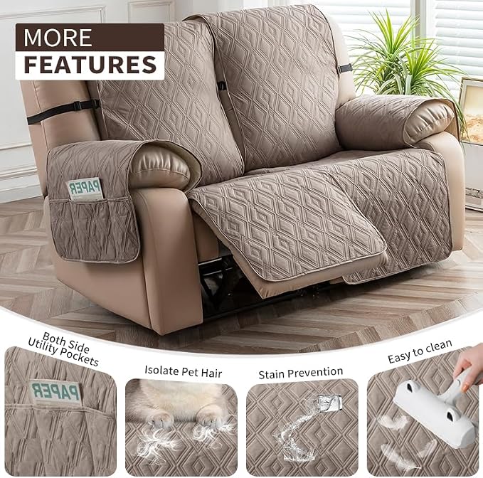 Genina Waterproof Loveseat Recliner Cover Non-Slip, Sofa Cover for Reclining Couch 2 Seat, Washable Couch Cover Loveseat Furniture Protector Cover for Pets Dogs Kids (Taupe, Recliner Loveseat) - Image 3
