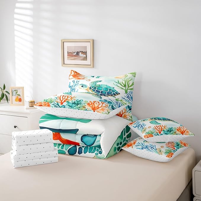 Erosebridal Kids Cute Turtle 7-Piece Bedding Set King Size, Marine Life Tortoise Bed in A Bag, Underwater World Sea Animal Comforter Set with Sheets, Watercolour Coral Bedding Comforter Sets - Image 5