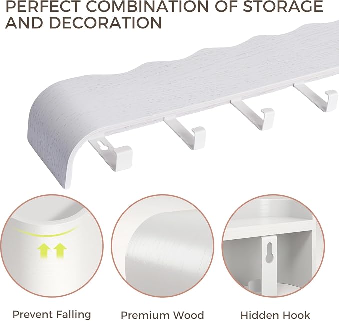 Coat Rack Wall Mount with Shelf Entryway Shelf Modern Key Holder Hanger Wall Shelves with Hidden Hooks for Hanging Towels Coats Hats Bags for Hallway Bathroom Bedroom (Wavy White, 4 Hooks) - Image 5