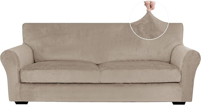 XINEAGE 3-Piece Velvet Sofa Cover,Couch Covers for Dog,Khaki | 2 Cushion Sofa,Stretch Non-slip Elastic, Pet-friendly, Washable, Fast Setup, Soft Plush Fabric, Furniture Protector. by XINEAGE