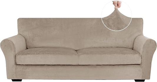 XINEAGE 3-Piece Velvet Sofa Cover,Couch Covers for Dog,Khaki | 2 Cushion Sofa,Stretch Non-slip Elastic, Pet-friendly, Washable, Fast Setup, Soft Plush Fabric, Furniture Protector. by XINEAGE