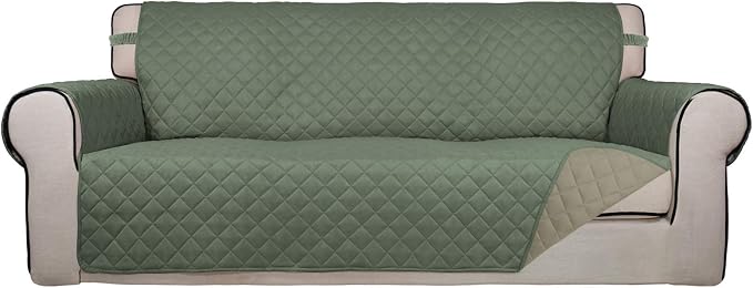 PureFit Reversible Quilted Sofa Cover Dog Couch Covers for Sofa, 66 in | Greyish Green/Beige, Water Resistant Couch Protector, Washable Pet Couch Cover with Non Slip and Elastic Straps For Kids by PureFit