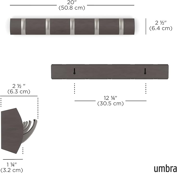 Umbra Flip Coat Rack, Wall Mounted 5-Hook Space Saving, Driftwood/Nickel | Real wood and steel build, retractable hooks fold flat, holds coats bags and scarves, easy install - Image 3