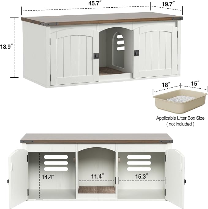 Halitaa Double Cat Litter Box Enclosure, Hidden Litter Box Furniture for 2 Cats, Farmhouse Cat House with Scratch Pad for 2 Litter Boxes, Wooden Enclosed Litter Box Furniture, Entryway Bench, White - Image 6