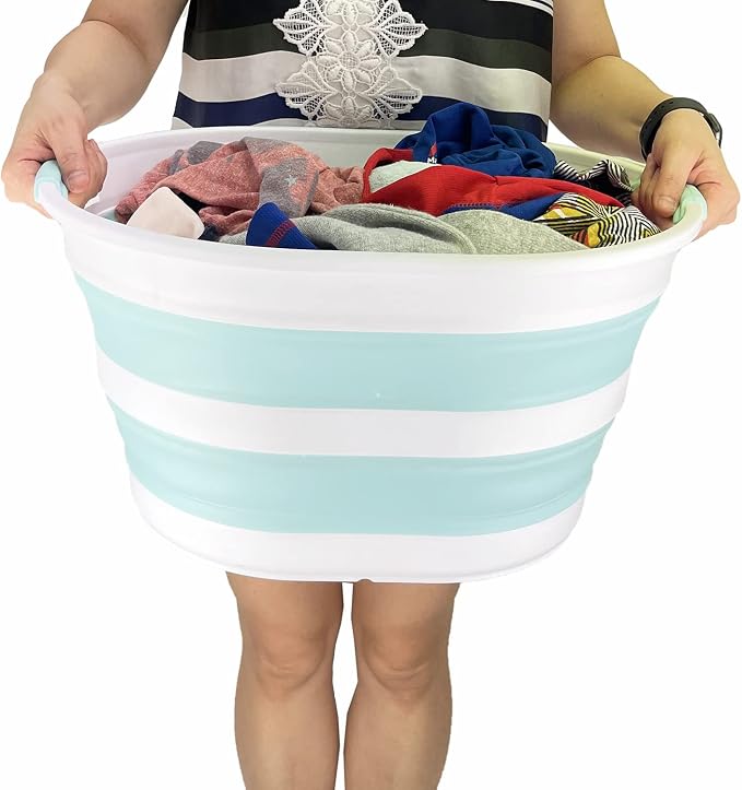 SAMMART 23L (6 Gallons) Collapsible Plastic Laundry Basket - Oval Tub/Basket - Foldable Storage Container/Organizer - Portable Washing Tub - Space Saving Laundry Hamper (White/Lake Green) - Image 7