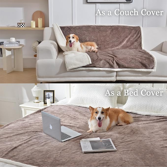 Qeils Waterproof Blanket for Bed, Dog Blankets for Large Dogs, Waterproof Cat Blanket Washable, Soft Sherpa Fleece Puppy Blanket, Reversible Throw Protector for Couch Car, 50"X60", Taupe - Image 2