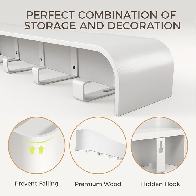 Coat Rack Wall Mount with Shelf Entryway Shelf Modern Key Holder Hanger Wall Shelves with Hidden Hooks for Hanging Towels Coats Hats Bags for Hallway Bathroom Bedroom (White, 5 Hooks) - Image 5