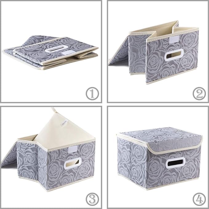 PRANDOM Stackable Storage Boxes with Lids [5-Pack] Fabric Decorative Storage Bins Cubes Organizer Containers Baskets with Cover Handles Divider for Bedroom Closet Living Room Grey 9.8x7.9x6.7 Inch - Image 4