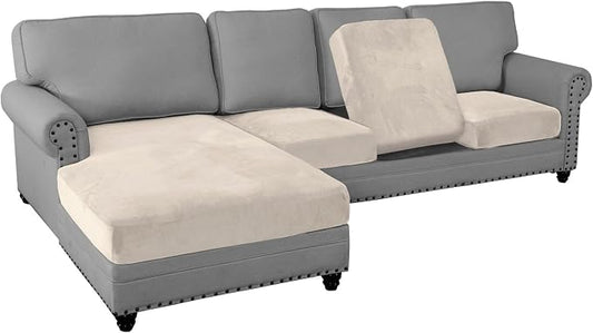 PrinceDeco Sectional Couch Covers 4 Pieces Couch Covers for Sofa Velvet Separate Couch Cover L Shape for Left/Right Chaise(3 Seater + 1 Chaise,Ivory) by PrinceDeco