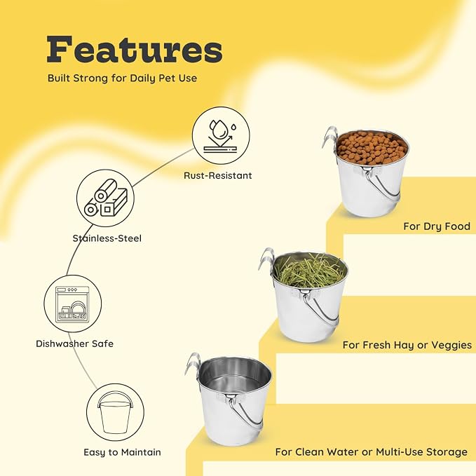 1 Quart Stainless Steel Flat Sided Bucket with Dual Hooks | 4 Pcs Durable Food & Water Bowl for Dog Cat Bird & Small Animals | Fits kennel Cage Crates Farm Hanging Pet Pail | Multipurpose - Image 6