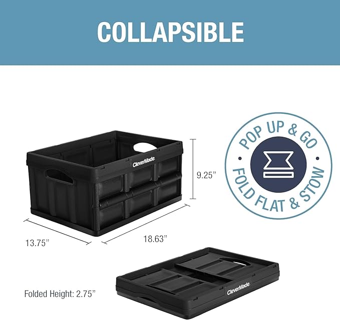 CleverMade Collapsible Storage Bins, 32L, 3 Pack, Obsidian | Reinforced plastic handles groceries, tools, and sports gear. Interlocking bins stack open and nest compactly when folded. - Image 2