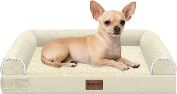 NANUYA Orthopedic Dog Bed for Small Dogs, 24 x 16 Inch, Beige | Egg crate foam for joint support, 3-sided bolster pet sofa, waterproof lining, washable cover, and non-skid base by Nanuya