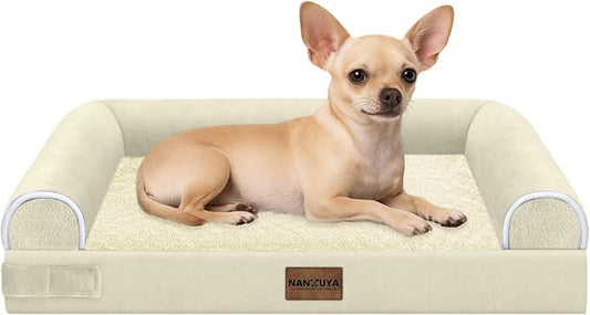 NANUYA Orthopedic Dog Bed for Small Dogs, 24 x 16 Inch, Beige | Egg crate foam for joint support, 3-sided bolster pet sofa, waterproof lining, washable cover, and non-skid base by Nanuya