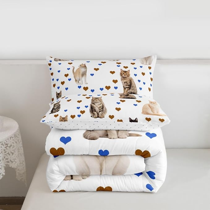 Feelyou Cats Comforter for Women Kids Cute Cat Kawaii Toddler Bedding Bed Set Print 3D Animals Pattern Comforter Set Child Pet Kitten Lover Hearts Quilt Set Bedroom Collection 3Pcs Full Size - Image 3