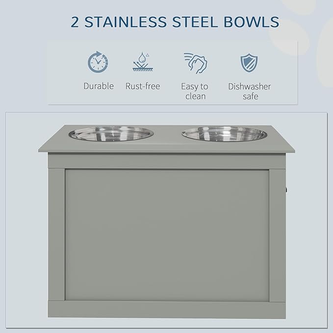 PawHut Raised Pet Feeding Storage Station with 2 Stainless Steel Bowls Base for Large Dogs and Other Large Pets, Gray | with2 Stainless Steel Bowls Base for Other Large Pets - Image 4