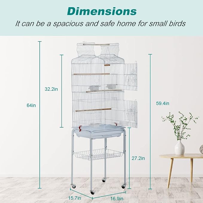 BestPet 64 inch Wrought Iron Bird Cage for Parakeets Medium Small Parrots Parakeet Cage with Detachable Rolling Stand & Play Open Top for Cockatiels Lovebird Finches Canaries,White - Image 8
