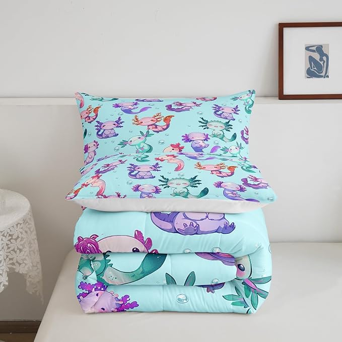 Manfei Cartoon Axolotl Comforter Set Twin Size,Cute Purple Blue Wildlife Animal Bedding Set for Girls Teens Bedroom Decor Green Polka Dots Sea Creature Soft Chic Quilted Duvet with 1 Pillowcase - Image 5