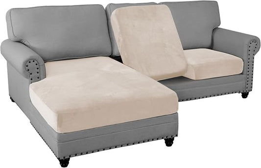 PrinceDeco Sectional Couch Covers 3 Pieces Velvet Sofa Covers L Shape Soft Couch Covers for Sectional Sofa Corner Sofa Cover Couch Cover for Dogs Washable (2 Seater + 1 Chaise,Ivory) by PrinceDeco