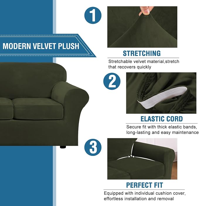 H.VERSAILTEX High Stretch Sofa Slipcover 4 Piece Cover Velvet Furniture Protector Form Fit Thick Velvet Extra Large Sofa Cover for 3 Cushion Couch Width Up to 97 Inch (Large Sofa, Olive) - Image 3