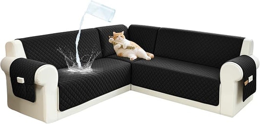Sectional Couch Covers for Dogs 100% Waterproof Corner L Shaped Sofa Cover Pet Friendly Velvet Washable Anti Slip L Shape Modular Sofa Slipcover Protector with Pockets (Black, Small) by SYJOVIA
