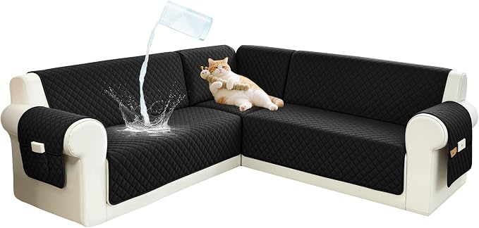 Sectional Couch Covers for Dogs 100% Waterproof Corner L Shaped Sofa Cover Pet Friendly Velvet Washable Anti Slip L Shape Modular Sofa Slipcover Protector with Pockets (Black, Large) by SYJOVIA