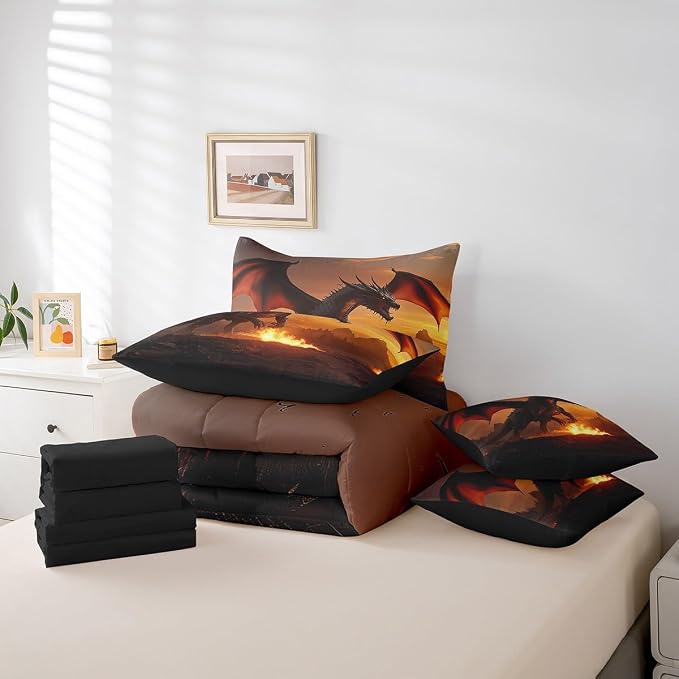 Erosebridal Fire Dragon Comforter Sets with Sheets - Wildlife Animal Theme Bedding Set King for Boys Girls 3D Wild Animal 7Pcs Bed in A Bag Fierce Dragon Bed Set - Image 7