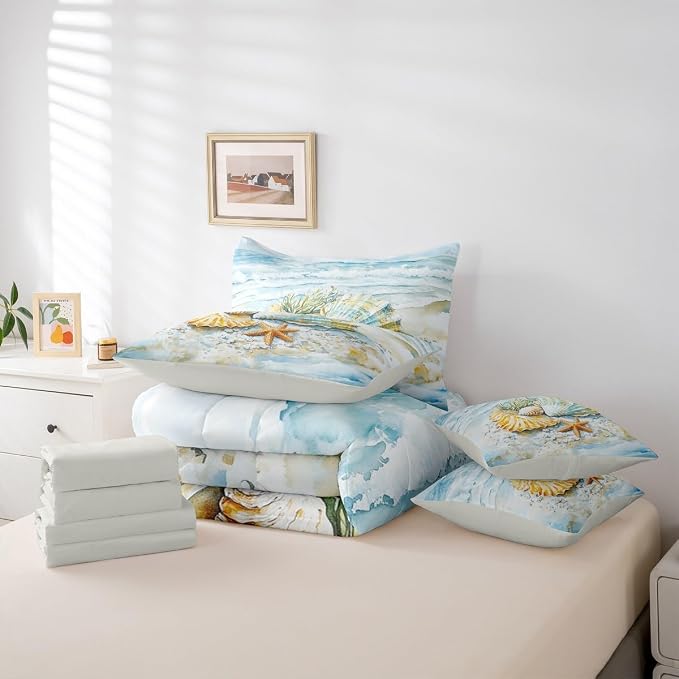 Erosebridal Kids Coastal Bed in A Bag Twin, Summer Beach Nautical Comforter Set with Sheets for Boys Girls Teens Adults, Shell Seaweed Starfish 7 Pieces Bedding Set, Sea Waves Marine Life Bed Sets - Image 5