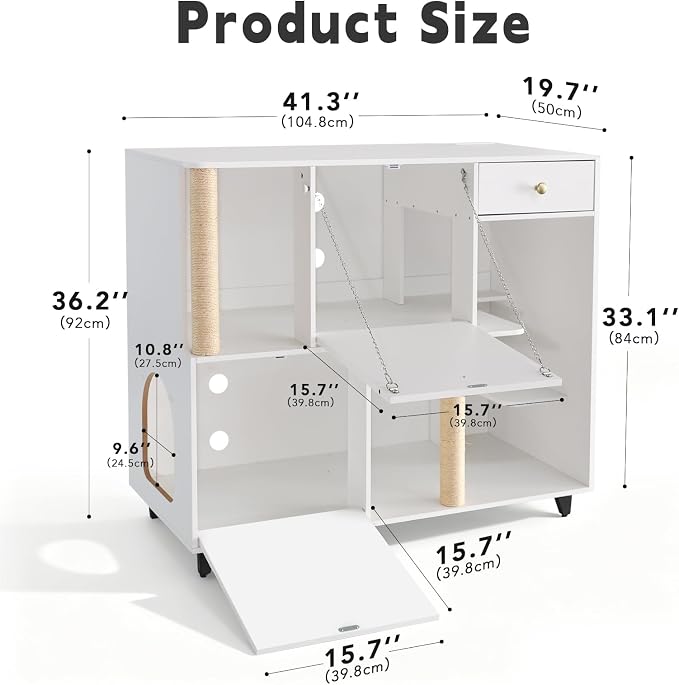 41.3"x19.7"x36.2" Double Cat Litter Box Enclosures，Hidden Litter Box Furniture with Built-in Outlet-Multi-Level 2 Cats with Scratching Post and Storage, Dual cat Litter Cabinet for 2 Litter Boxes - Image 2