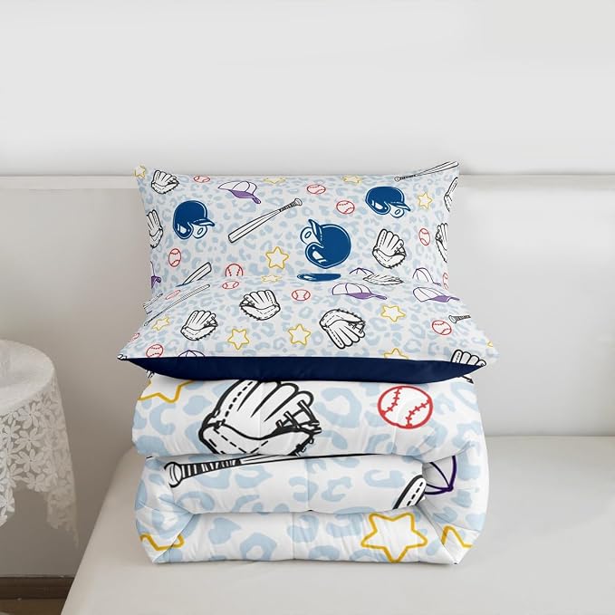 Homewish Baseball Bedding Set Full Size,Blue Leopard Comforter Set 3pcs for Kids Boys Girls Room Decor,Cartoon Baseball Bat Hat Quilted Duvet Ball Sports Game Duvet Insert with 2 Pillowcases,Colorful - Image 7