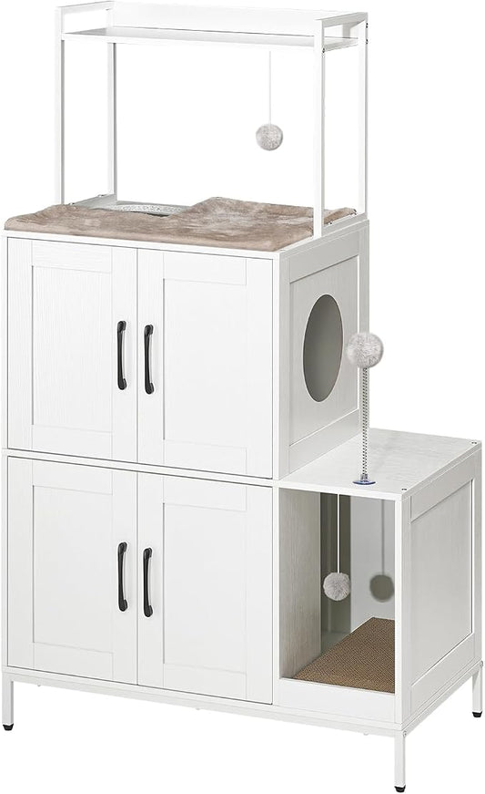 HOOBRO Litter Box Enclosure, Litter Box Furniture with Storage, 2-in-1 Hidden Cat Furniture with Shelf, 2 Dangling Plush Balls and 1 Toy Ball, Large Wooden Cat Washroom, White WT78MW01 by HOOBRO