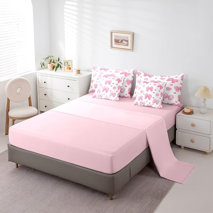 Feelyou Pink Bowknot 7 Piece Bedding Set Cartoon Bow Comforter Set with Sheets for Kids Boys Girls Cute Love Heart Bed in a Bag White Pink Bed Set Soft Lightweight - Image 4