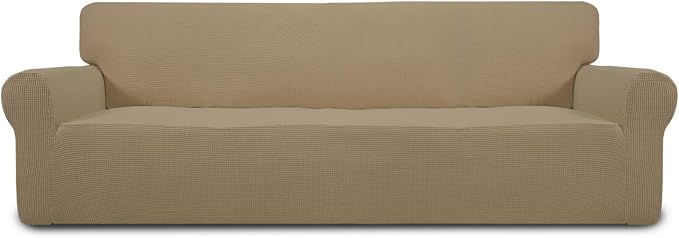 Easy-Going Stretch 4 Seater Sofa Slipcover 1-Piece Sofa Cover Furniture Protector Couch Soft with Elastic Bottom for Kids, Polyester Spandex Jacquard Fabric Small Checks Tan | 1-Piece Extra X-large Sofa Cover Furniture Protector Couch Soft with Bottom ... by Easy-Going