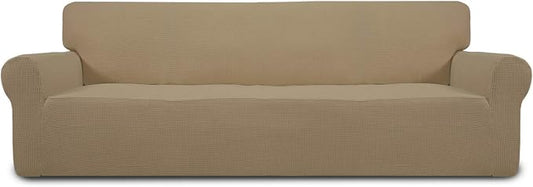 Easy-Going Stretch 4 Seater Sofa Slipcover 1-Piece Sofa Cover Furniture Protector Couch Soft with Elastic Bottom for Kids, Polyester Spandex Jacquard Fabric Small Checks Tan | 1-Piece Extra X-large Sofa Cover Furniture Protector Couch Soft with Bottom ... by Easy-Going