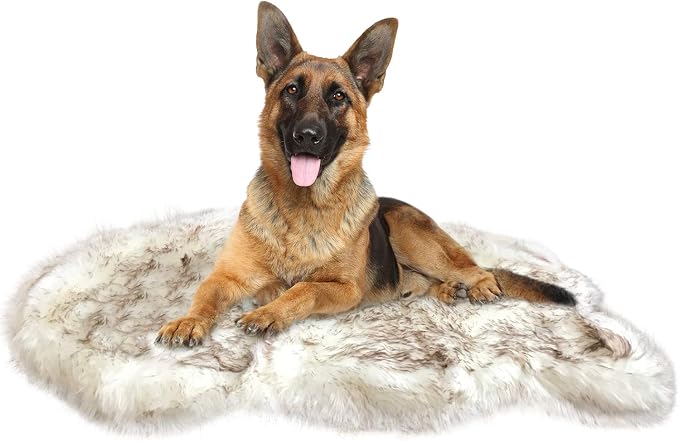 Faux Fur Orthopedic Dog Bed, Memory Foam, White w/Brown Tips 50"x30" | Plush Washable Dog Rug with Waterproof Machine Washable Cover, Calming for Anxious Senior Dogs, Relieves Joints - Image 4