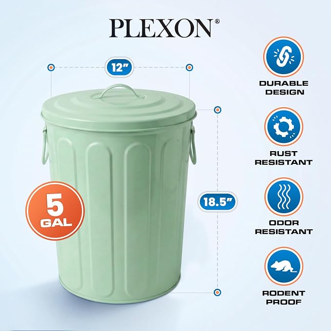 Plexon 5 Gallon Small Metal Trash Can with Lid Outdoor Galvanized Steel Bucket with Lid 5 Gal Storage Can for Dog Food Bird Seed Storage Container, Green 2 Pack - Image 6