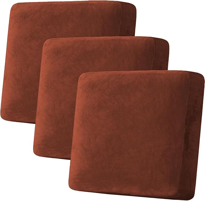 H.VERSAILTEX Velvet Stretch Couch Cushion Cover Plush Cushion Slipcover for Chair Loveseat Sofa Cushion Furniture Protector Seat Cushion Sofa Cover (3 Piece XL Sofa Cushion Covers, Rust) by HVERSAILTEX