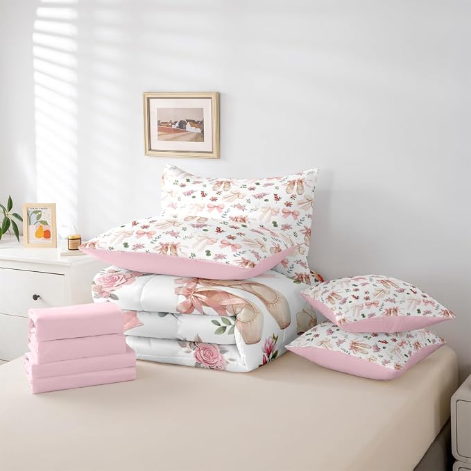 Feelyou Pink Flower 7 Piece Bedding Set Exquisite Dance Shoes Comforter Set with Sheets for Kids Boys Girls Gentle Bow Bed in a Bag Princess Style Bed Set Soft Lightweight - Image 5
