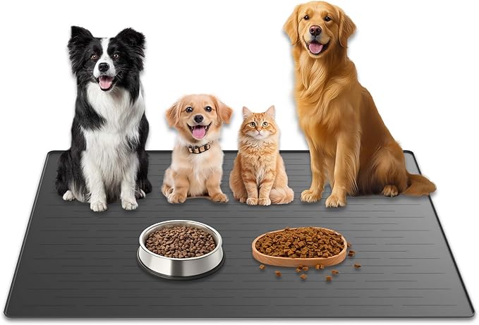 48"x32" Extra Large Pet Food Mat, 1.5MM Super Thick Silicone Dog Mats for Food and Water, XXXL Nonslip Pet Feeding Mats for Floors,Dog Cat Bowl Mat with Raised Edges, Dark Gray by WelcometoULTIBE