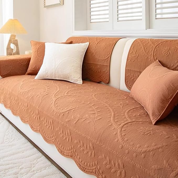 Leaf Floral Cotton Quilted Dog Couch Cover for Sofa Farmhouse Rustic Embroidered Sectional Couch Cover Soft Anti-Slip Sofa Slipcover Furniture Protector for Kids, Pets (Orange,43"x63") by WelcometoXSlive