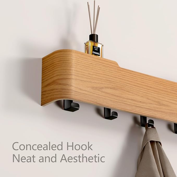 Wall Mounted Coat Rack with Shelf, Wooden Entryway Organizer with Hidden Metal Hooks for Hanging Coats Bags Keys, Modern Floating Shelf for Hallway Bathroom (Oak, 5 Hooks) - Image 4